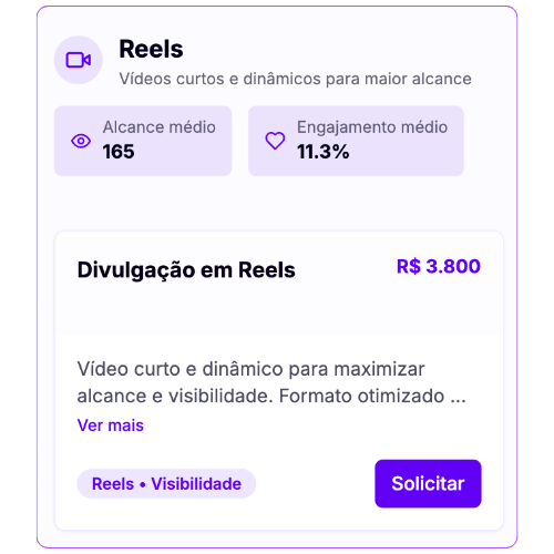 Pacotes de reels disponíveis no gerador de media kit